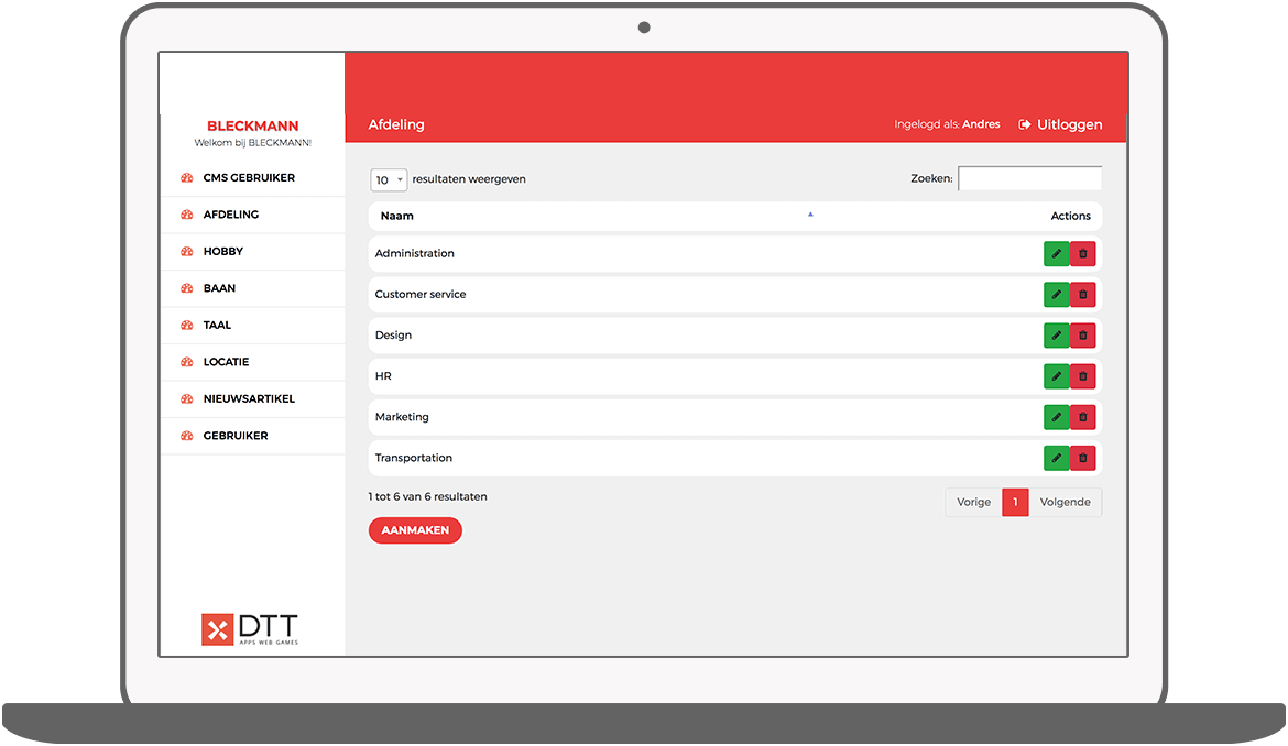 Function Afdelingen - Bleckmann intranet app