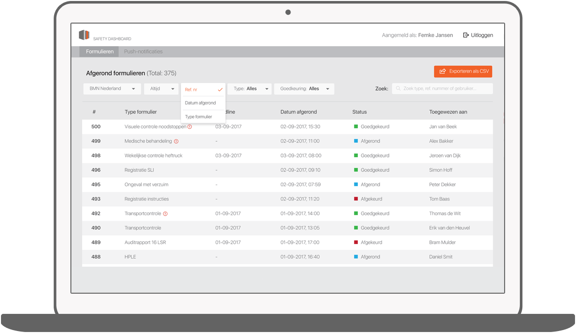 Function Sorteer het overzicht - BMN Health & Safety app