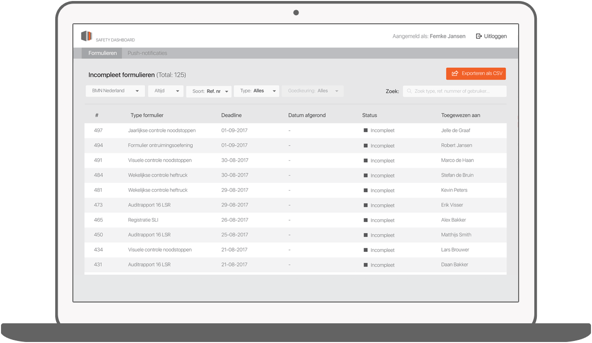Function Overzicht van incomplete formulieren - BMN Health & Safety app