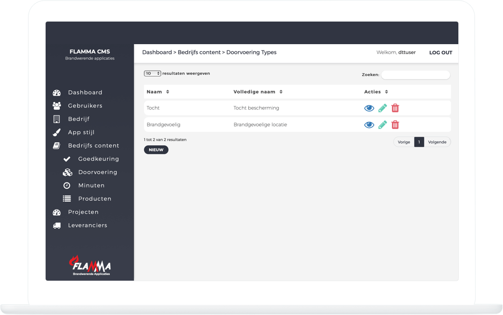 Function Bedrijfs content - Doorvoering types - Flamma inspectie app