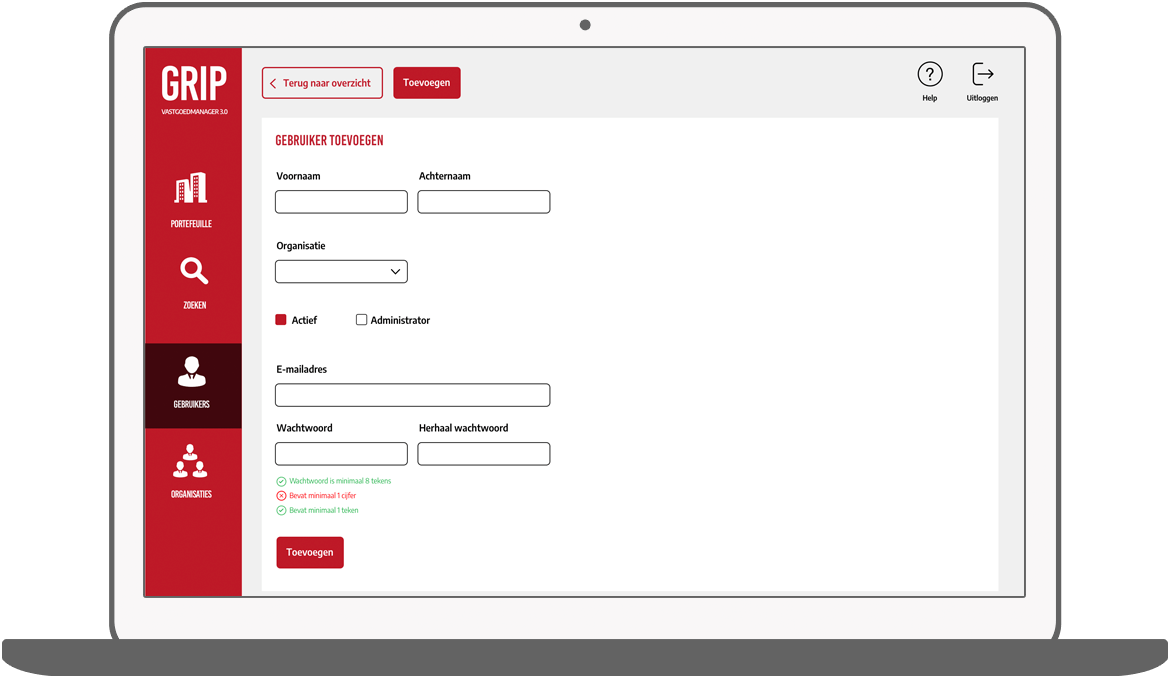Function Gebruikers toevoegen of aanpassen - GRIP vastgoed manager app