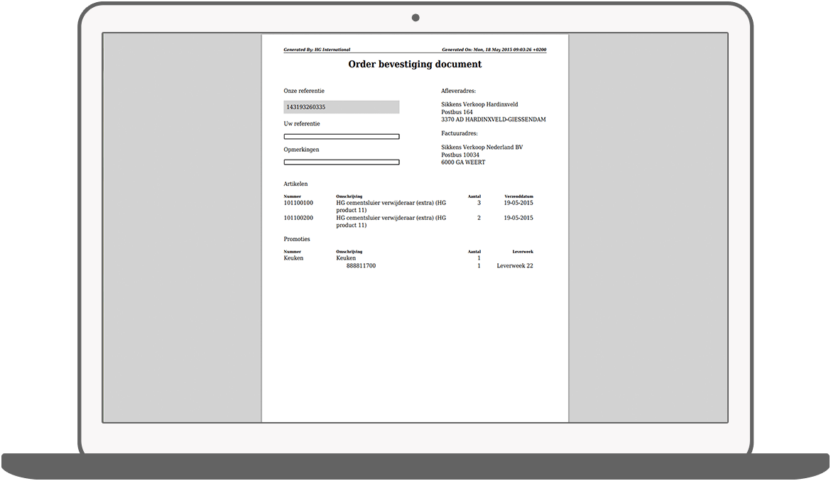 Function PDF met orderbevestiging uitdraaien - HG Order Portal
