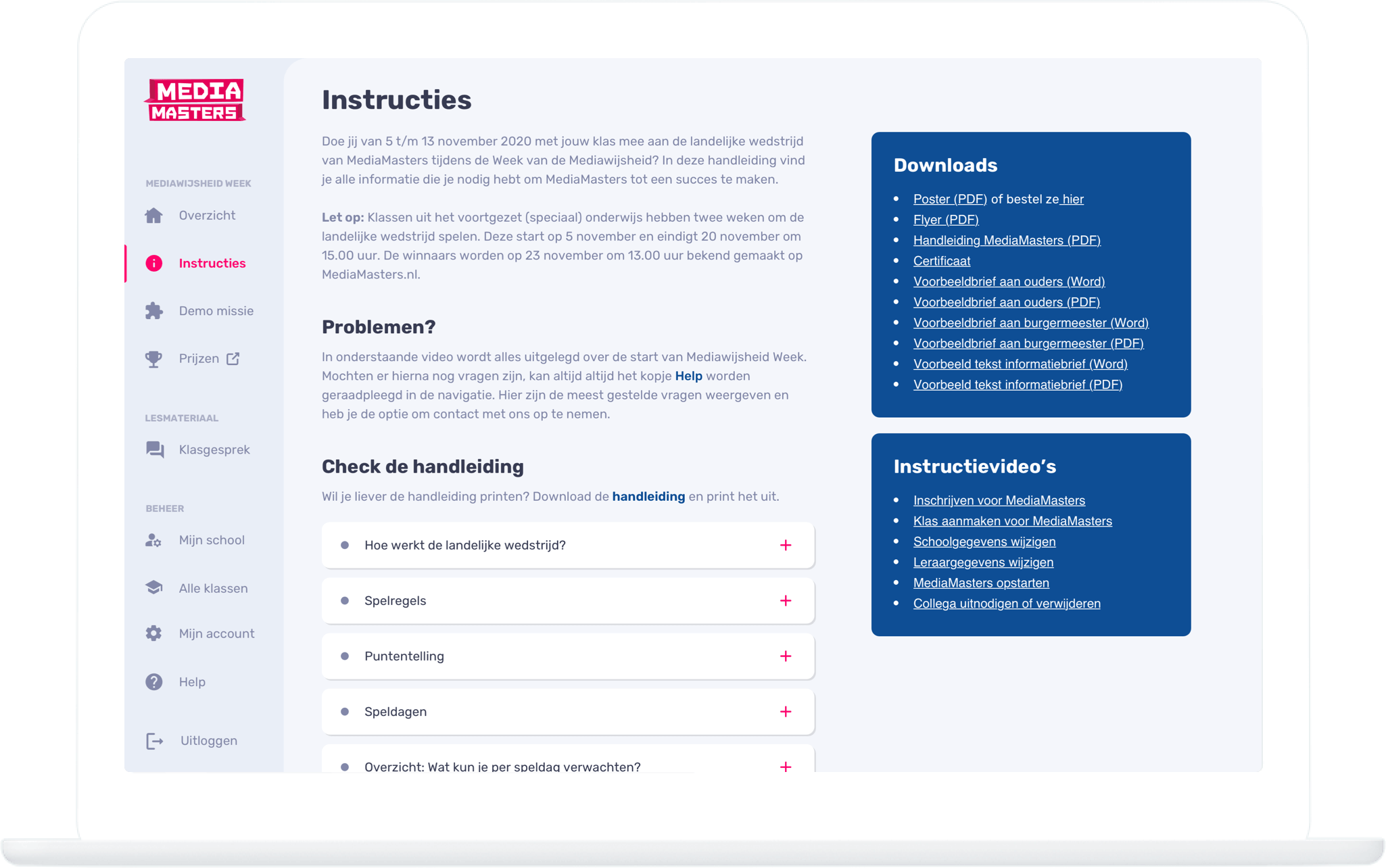 Function Teacher dashboard - Instructions - MediaMasters