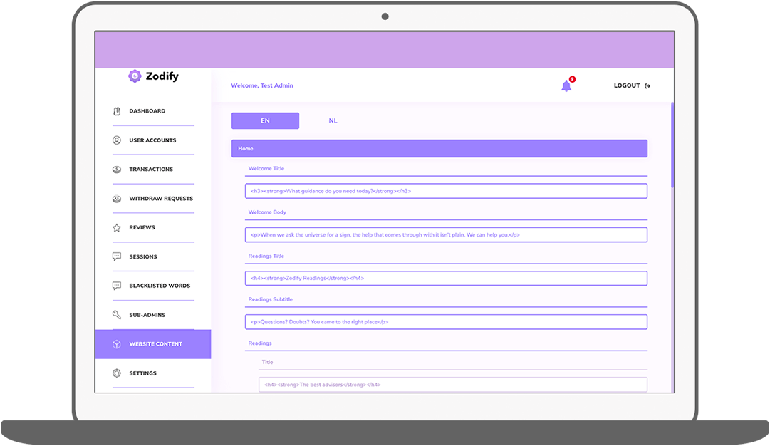 Function CMS - Content Home - Zodify spiritueel platform