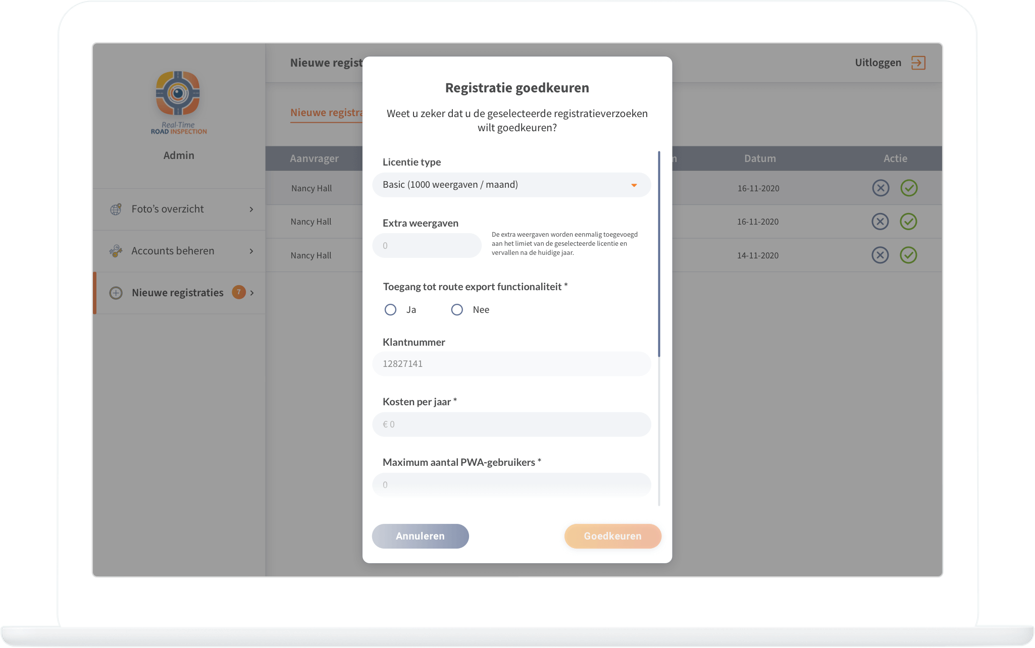Function Dashboard - Accept registrations - Real-Time Road Inspection
