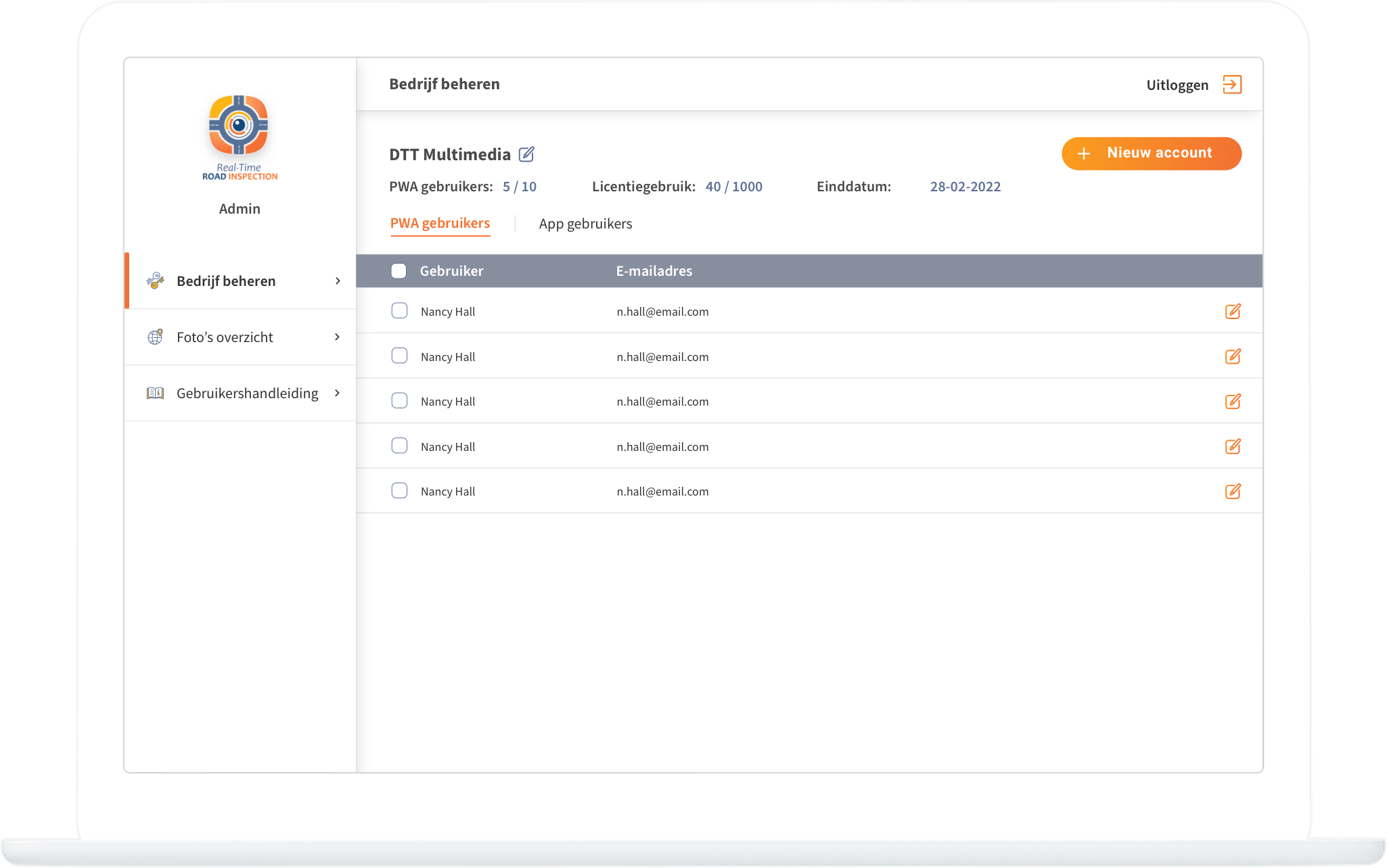 Function Dashboard - Manage business accounts - Real-Time Road Inspection