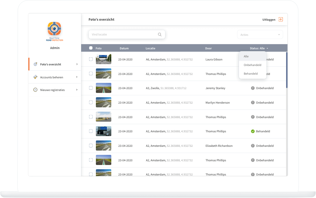 Function Dashboard - Photo overview - Filter  - Real-Time Road Inspection