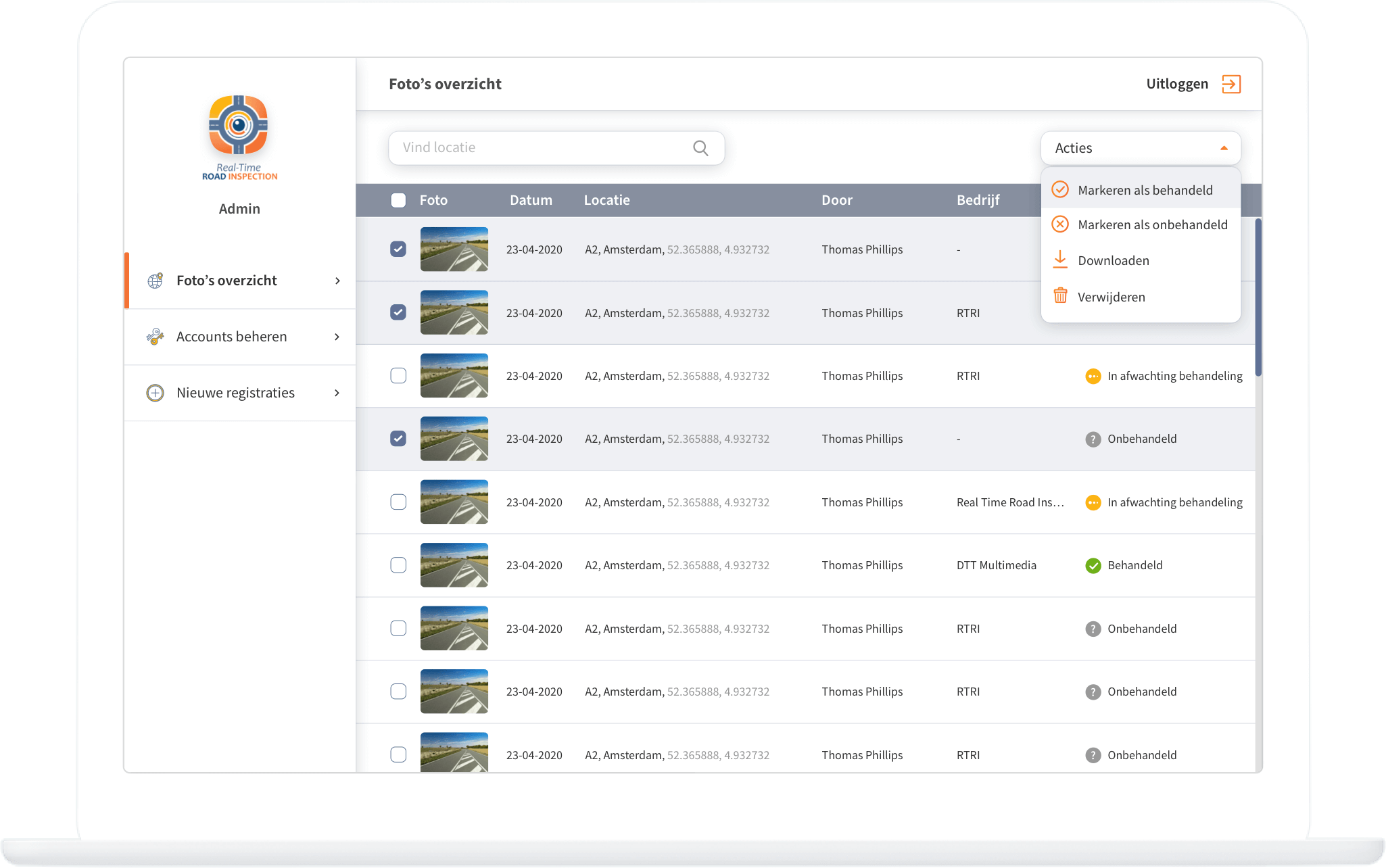 Function Dashboard - Photo overview - Actions - Real-Time Road Inspection